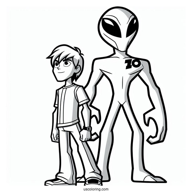 Ben 10 Coloring Page Of Feedback Alien Standing Behind Ben