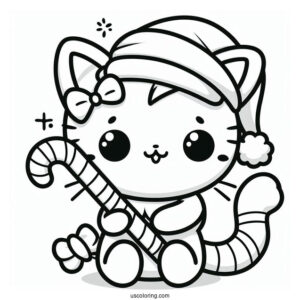 Kawaii Cat With Santa Hat Holding A Candy Cane Coloring Page For Preschoolers