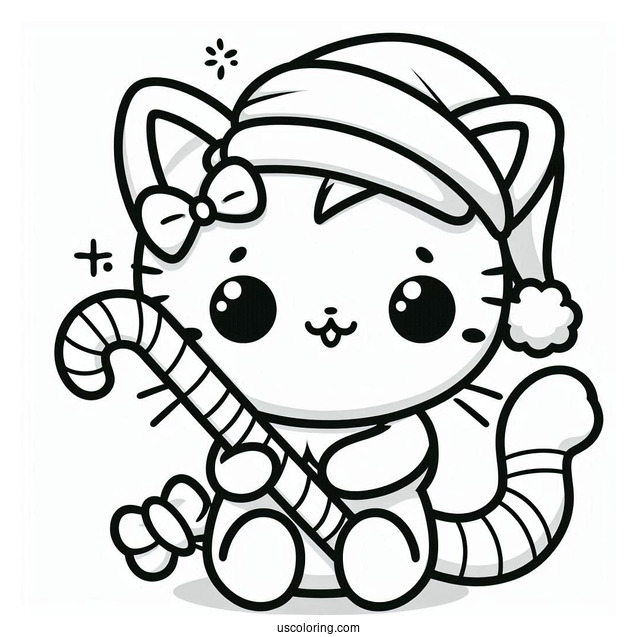 Kawaii Cat With Santa Hat Holding A Candy Cane Coloring Page For Preschoolers