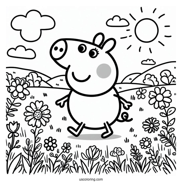 Peppa Pig Walking In Field With Flowers