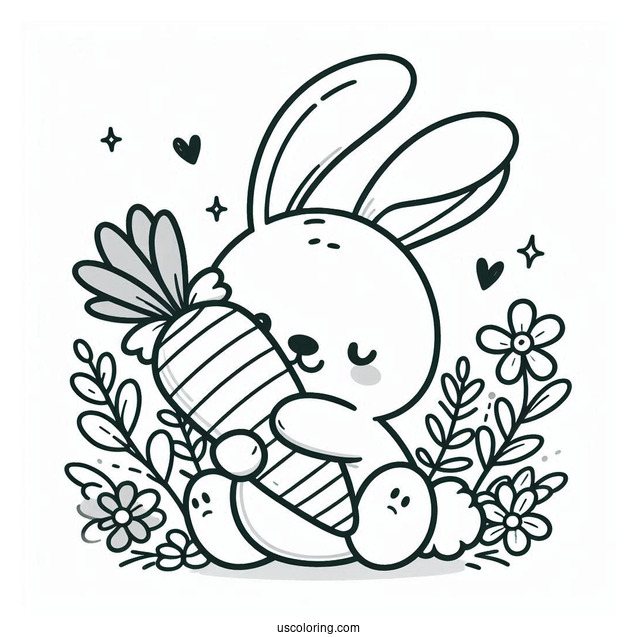 Cute Easter Coloring Page Of Bunny Hugging A Carrot For Preschoolers