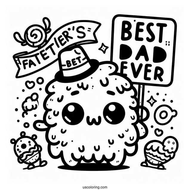 Father's Day Coloring Page Of Kawaii Monster With Best Dad Ever Sign For Kids