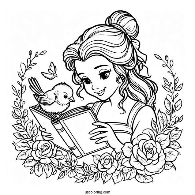 Coloring Sheet Of Belle Reading a Book With Bird