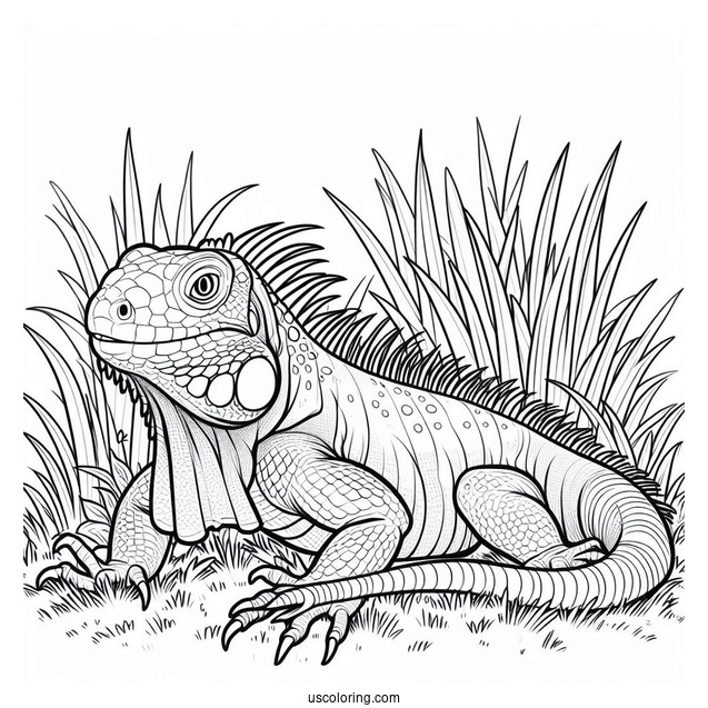 Lizard Coloring Page of Green Iguana On Grass