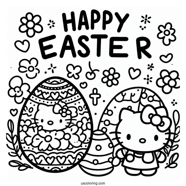 Happy Easter Word Over Hello Kitty And Easter Coloring Page Of Egg For Preschoolers