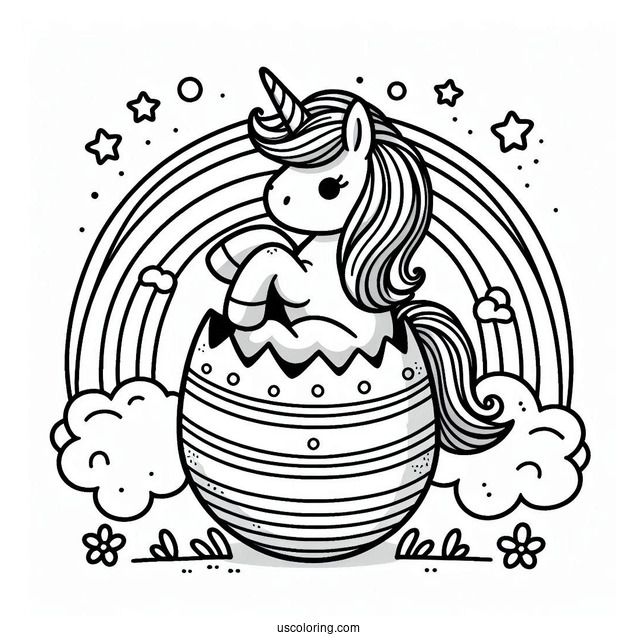 Unicorn Popping Out Of Easter Egg On Rainbow Coloring Sheet