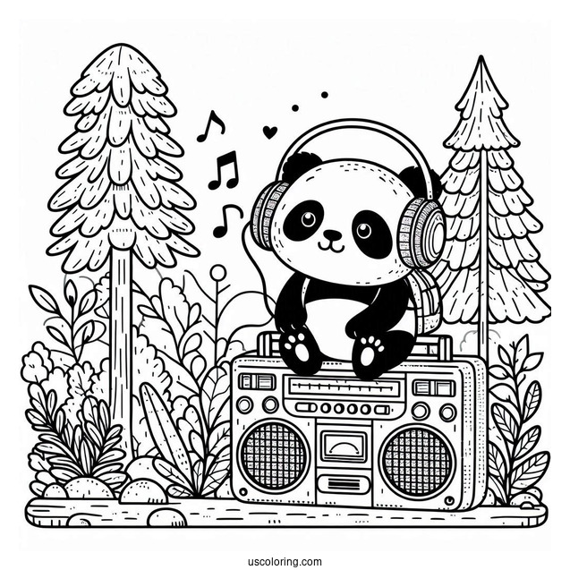 Retro Forest Panda Coloring Page Listening to Boombox