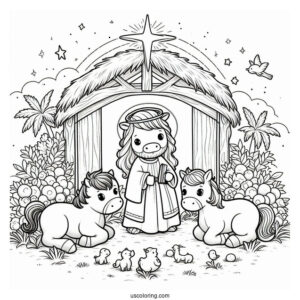 Nativity Coloring Page With Cow And Pony Surrounding Jesus
