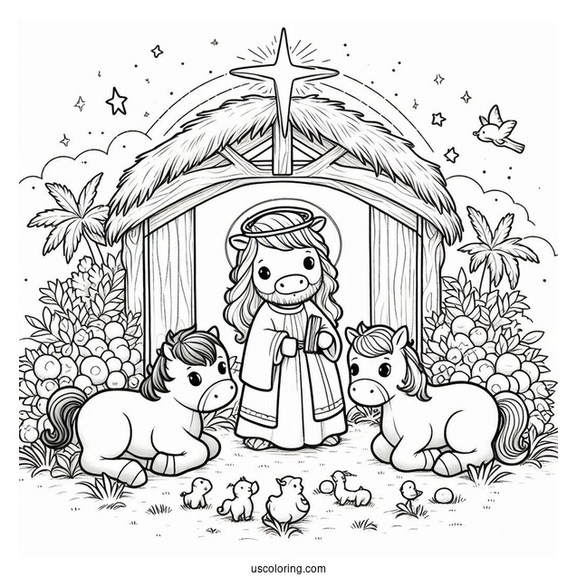 Nativity Coloring Page With Cow And Pony Surrounding Jesus
