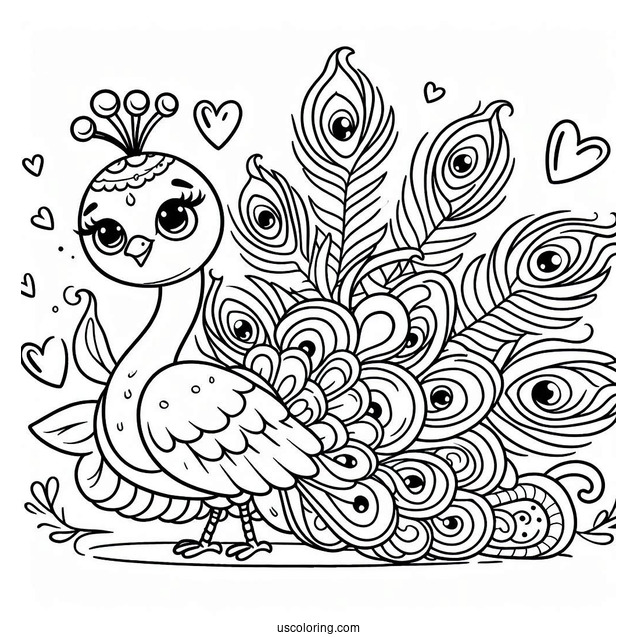 Cartoon Peacock Coloring Page Showing Off Fancy Tail Feathers For Kids