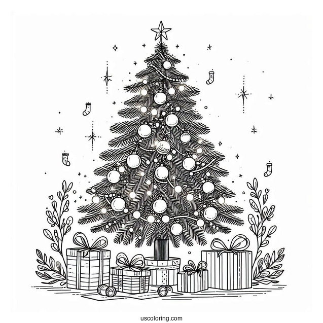 Christmas Tree With Light, Tinsel And Presents