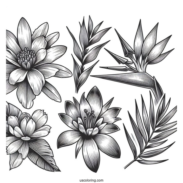 Flower Coloring Pages Of Exotic Tropical Orchid, Strelitzia, Hibiscus, Protea, And Calathea