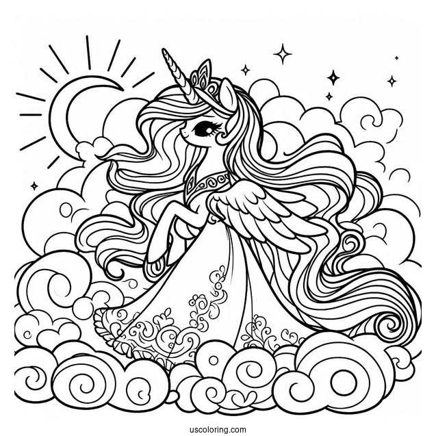 Pretty Princess Celestia Coloring Page Walking In The Clouds For Kids