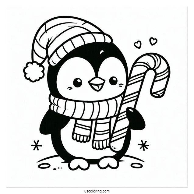 Cute Cartoon Penguin Holding A Candy Cane Coloring Page For Kids