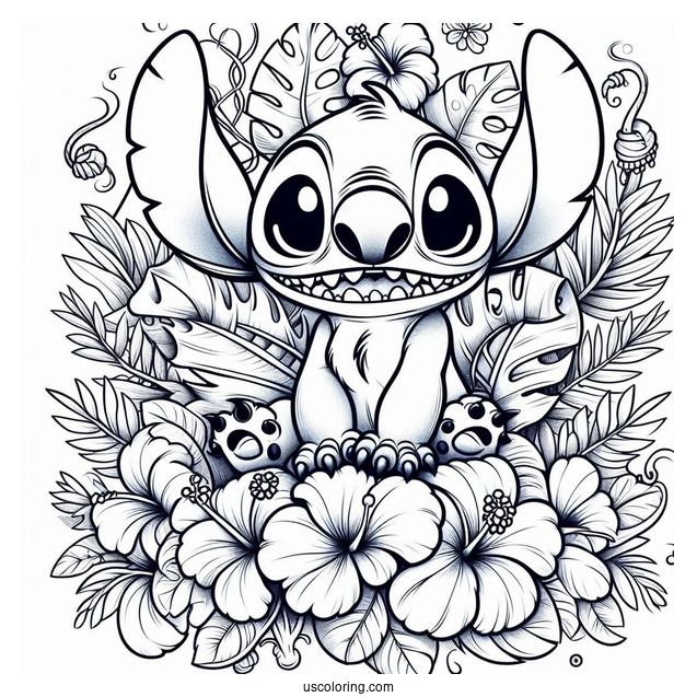 Scary Stitch With Hibiscus Flowers Coloring Page