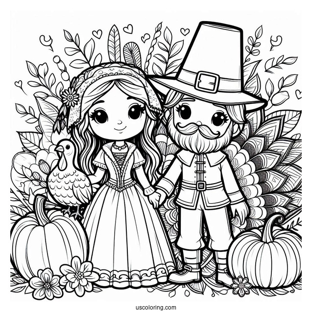 Man And Woman Pilgrim Coloring Page With Turkey And Pumpkin