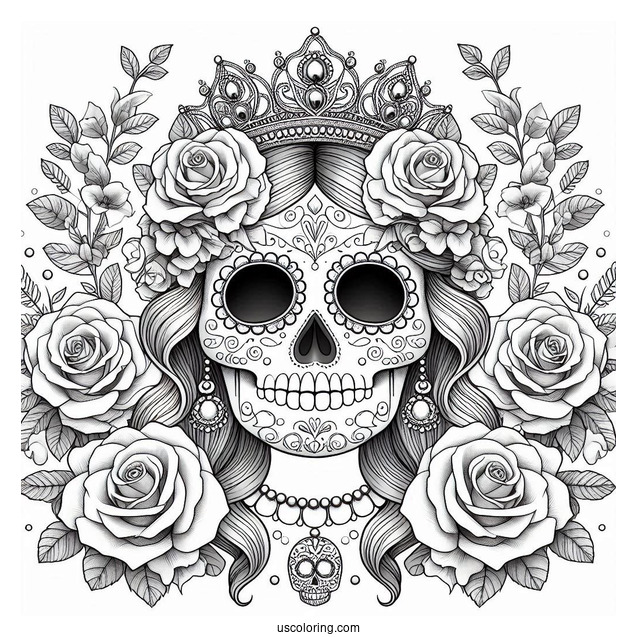 Realistic Sugar Skulls Coloring Page Costume With Tiara And Rose Wreath