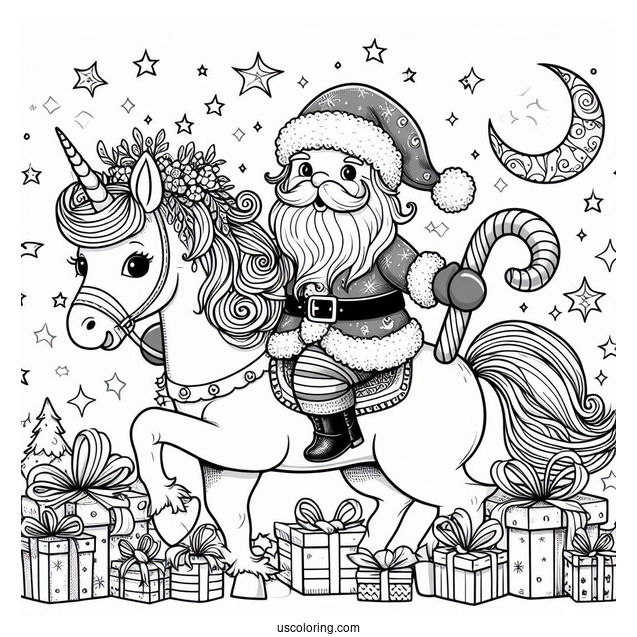 Santa Claus Riding a Unicorn Coloring Page