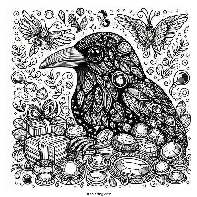 Raven Coloring Page Surrounded By Shiny Jewelry