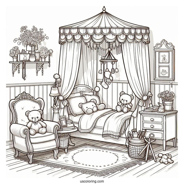 Quaint Bedroom Coloring Page With Canopy, Armchair, And Stuffed Toys