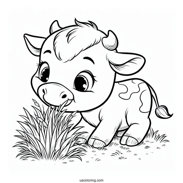 Happy Baby Cow Eating Grass Coloring Sheet