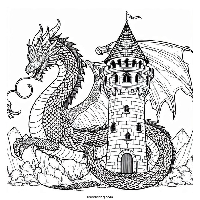 Dragon With Large Scales Wrapped Around Castle Tower