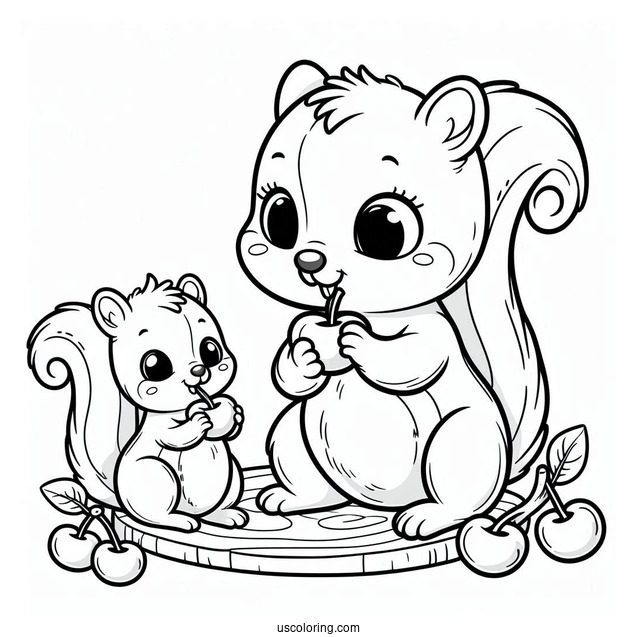 Mother And Son Cartoon Squirrel Coloring Page Eating Cherrie