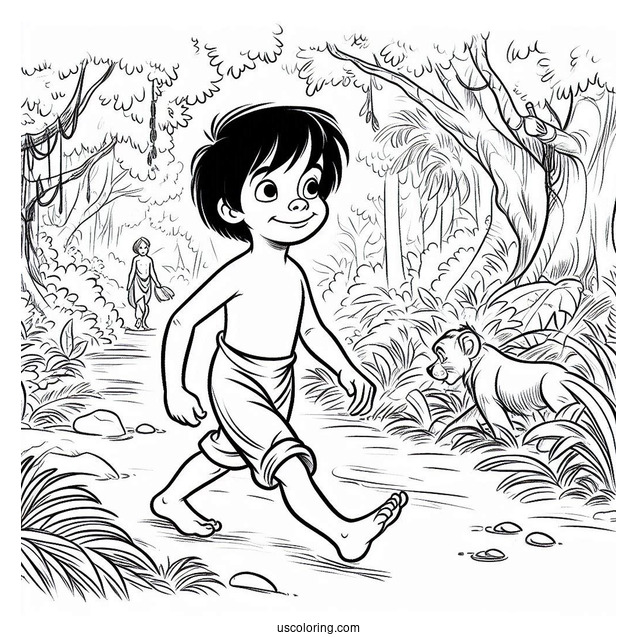 Jungle Book Coloring Page Of Young Mowgli Walking With Hathi Jr For Preschoolers