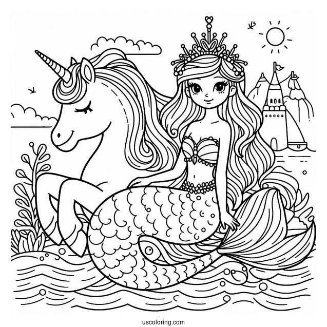 Mermaid Princess Coloring Page Sitting On Unicorn