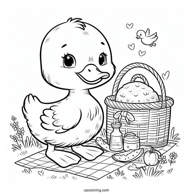 Duckling with Picnic Basket and Food Coloring Sheet For Preschoolers