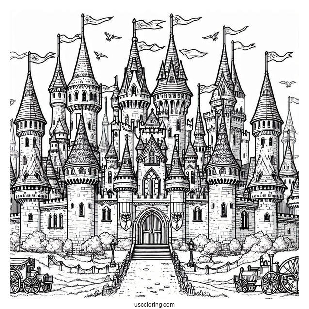 Fantasy Castle Coloring Page With Flags And Numerous Towers