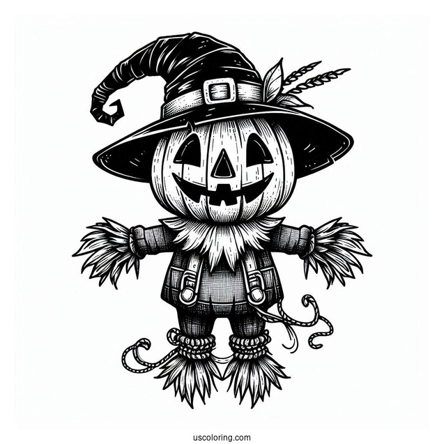 Jack O Lantern Scarecrow Coloring Page With A Top Hat On Halloween