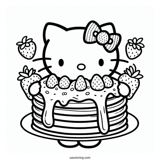 Hello Kitty Holding Massive Pancake Coloring Page With Strawberry Toppings