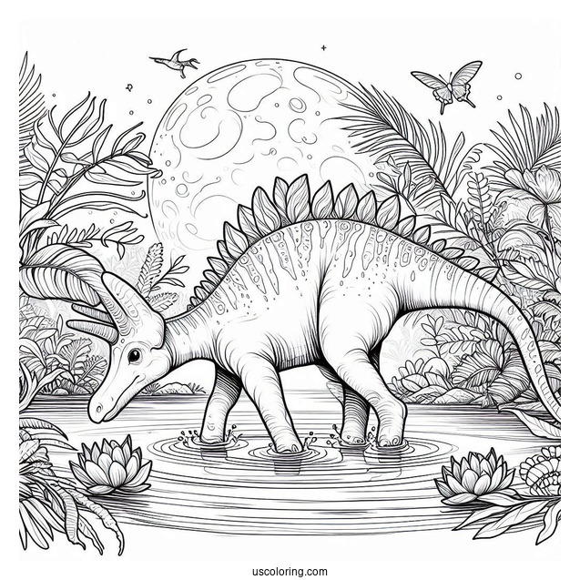 Detailed Parasaurolophus Coloring Page In The Water