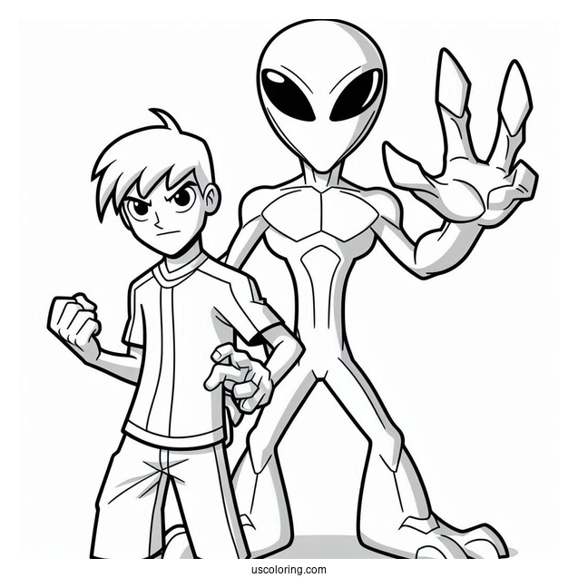 Ben 10 Coloring Page Of Feedback Alien Standing Behind Ben