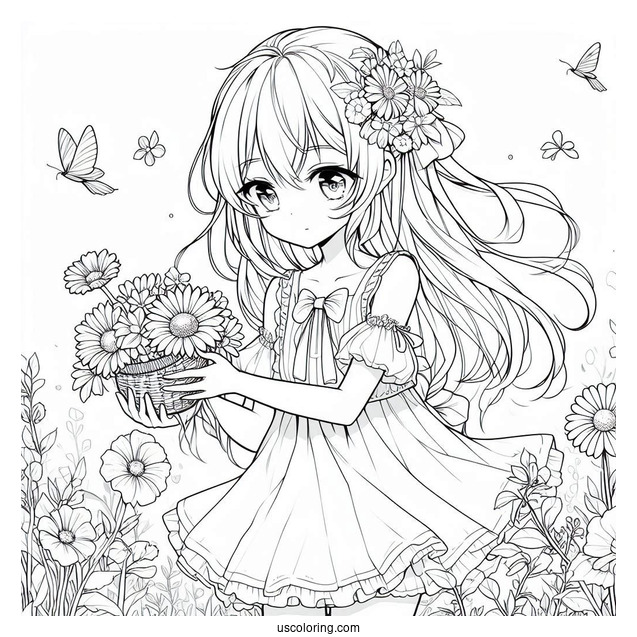 Anime Girl Gathering Flowers In The Summer Coloring Page For Kids