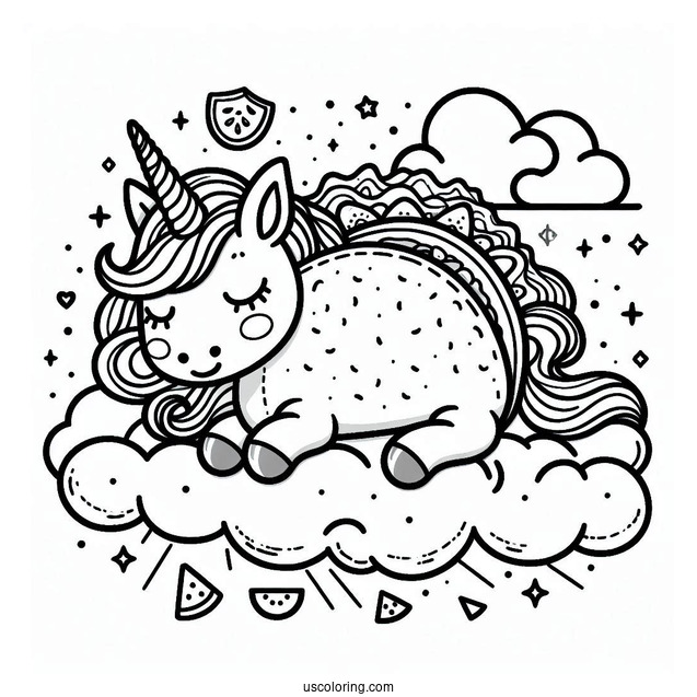 Unicorn Taco On The Cloud Coloring Page For Kids