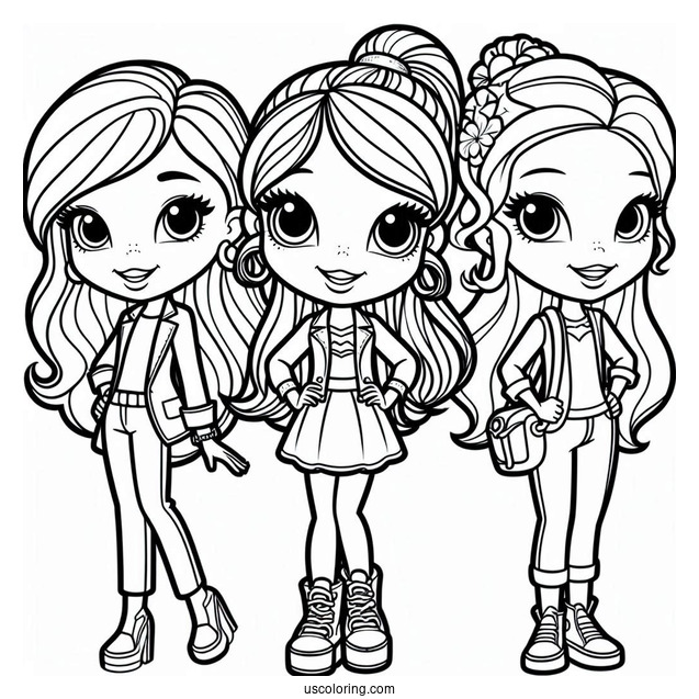 Polly Pocket Coloring Page Of Shani Smith, Lila Draper, And Nikolas Wells Grinning
