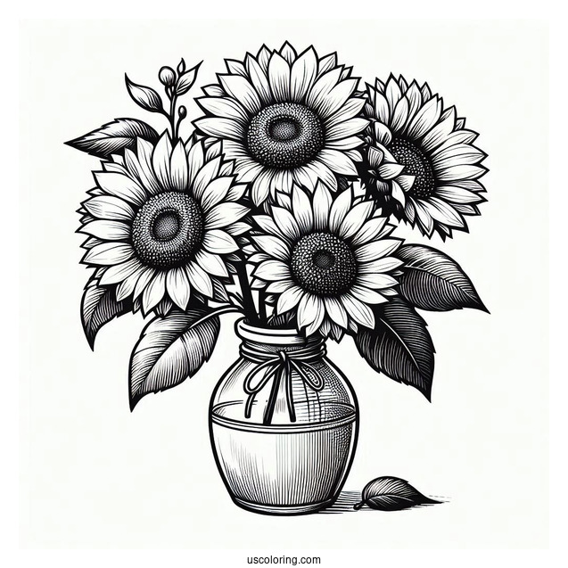 Four Beautiful Sunflowers In Vase For Coloring_