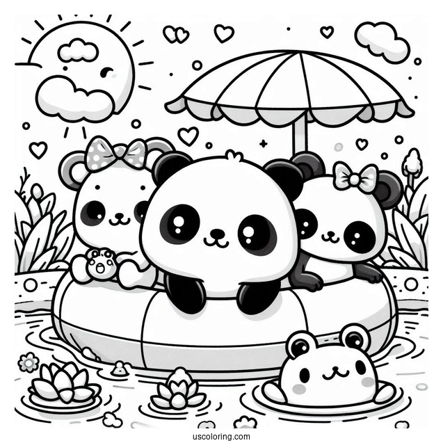 Summer Coloring Page Of Kawaii Bear, Panda, And Frog Floating In The Pool