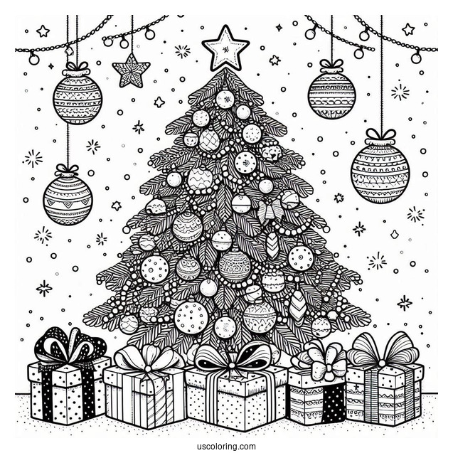 Christmas Tree With Presents And Ornaments To Color