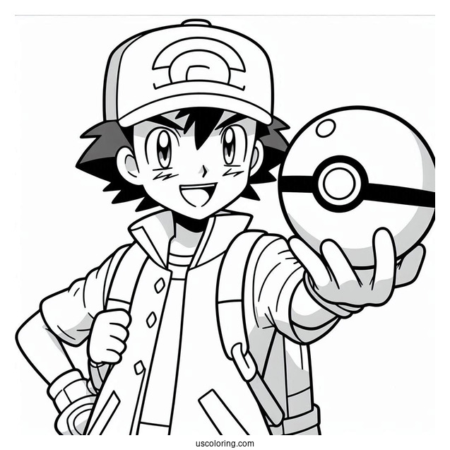 Pokemon Trainer Ash Holding Up A Pokéball Coloring Page