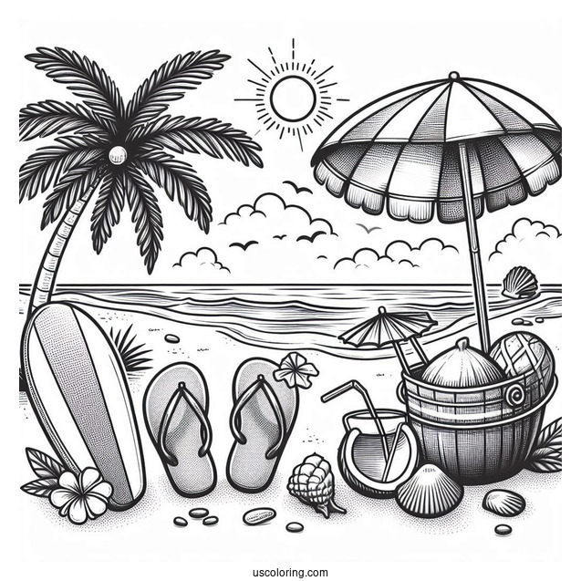 Beach Flip Flops, Umbrella, Surfboard, Seashell, Palm Tree, Coconut Drink, Bucket, And Sun