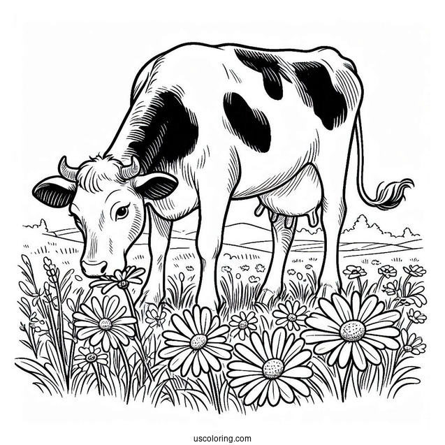 Daisy Cow Grazing In Field Coloring Page