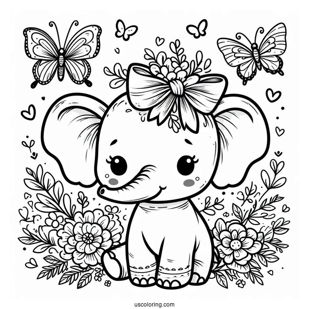 Cute Baby Elephant With Bow Coloring