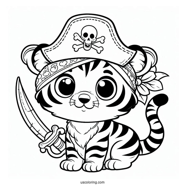 Cute Tiger Pirate Coloring Page For Preschoolers