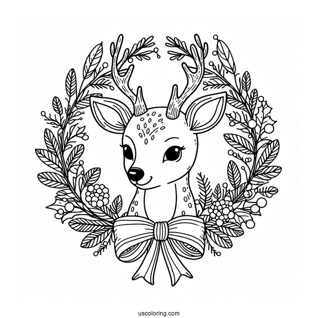 Reindeer In Christmas Wreath To Color