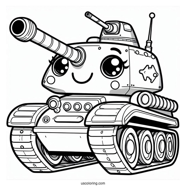 Coloring Sheet of Cartoon Military Tank With Smiling Face