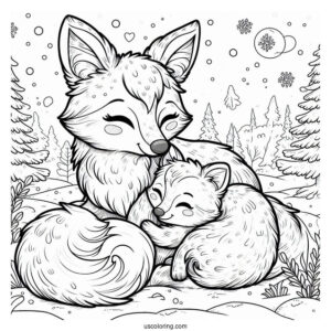 Mama Fox Coloring Page Cuddling With Baby Fox In Snowy Forest