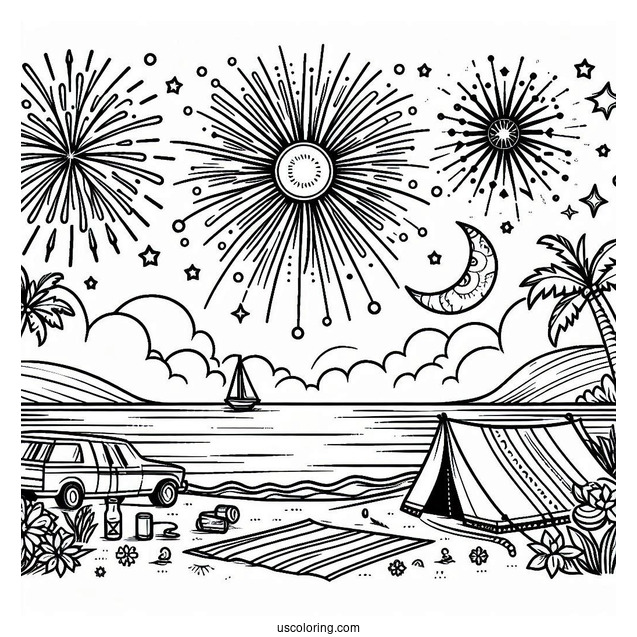 Summer Coloring Page Of Beach Camping With Fireworks In The Sky